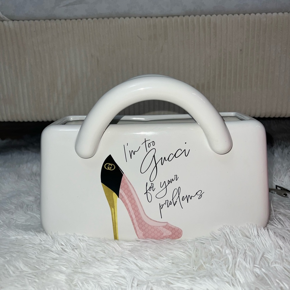 Designer white ceramic handbag vase